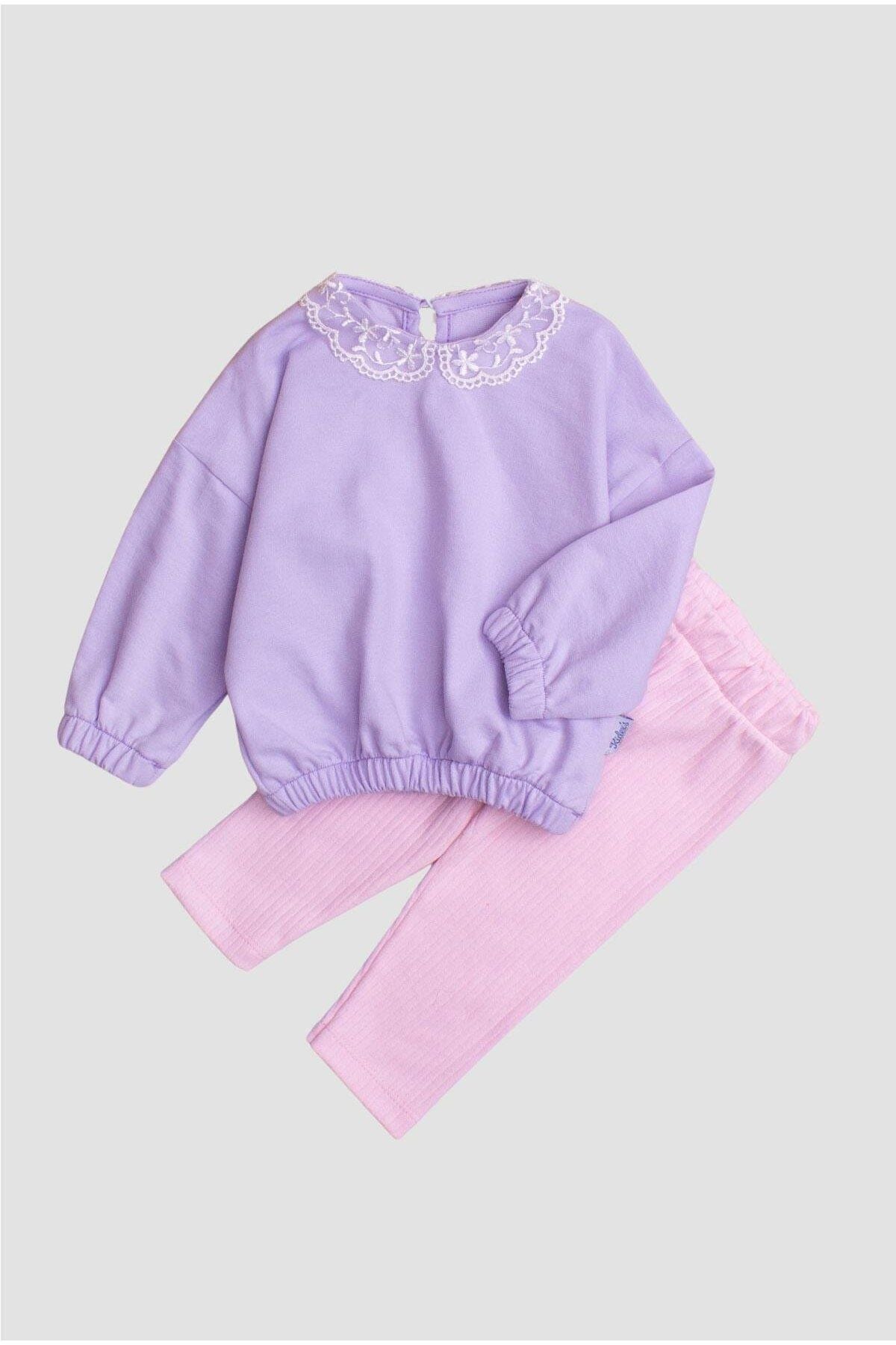 Pamuklu Kumaş Yaka Detaylı Tatlı Unisex Bebek&çocuk 2'li Alt Üst Eşofman Takım